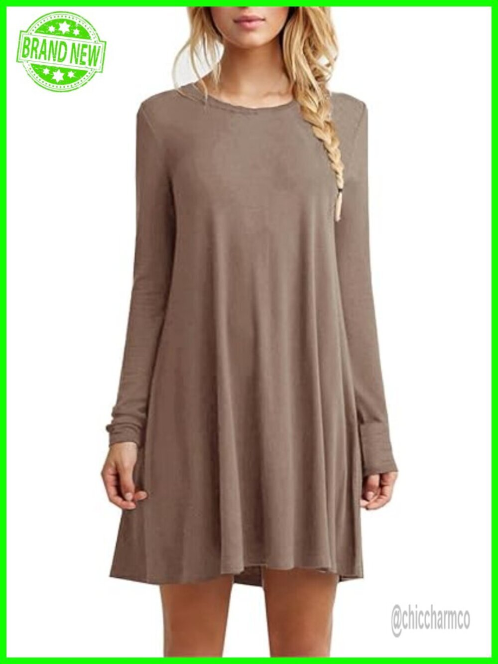 Women's Cotton Blend T-Shirt Dress, Loose Swing Mini Dress, Long Sleeve